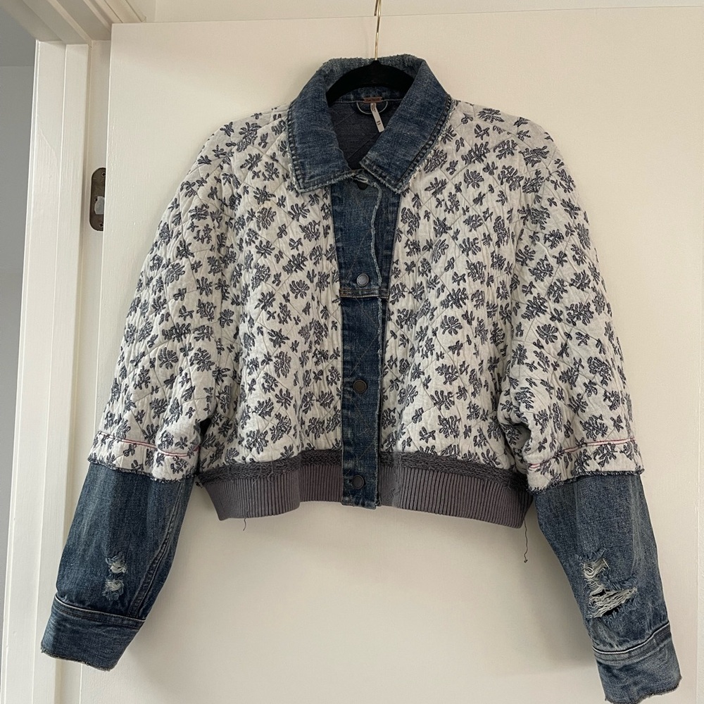Free People Quilted Floral Mixed-Media Jean Jacket in Blue and White
